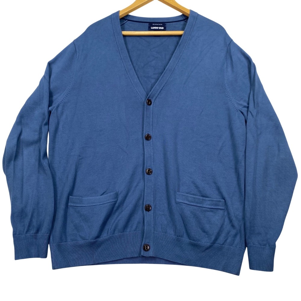 Lands End Cardigan Sweater Mens L Blue 100 Supima Cotton V-Neck Button Front